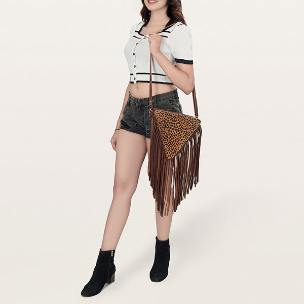 ADBG935 American Darling Western Leather Cross body Bag with Hair-On Cowhide and Long Fringes
