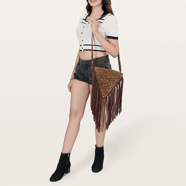ADBG935 American Darling Western Leather Cross body Bag with Hair-On Cowhide and Long Fringes