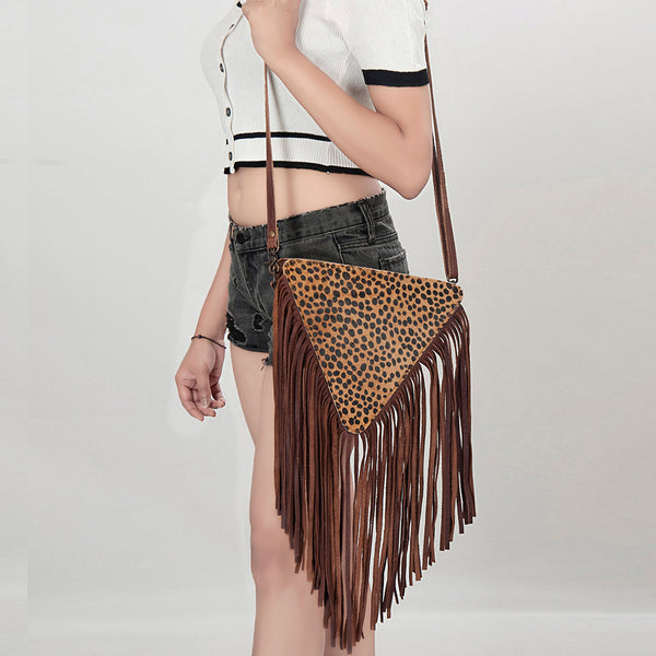 ADBG935 American Darling Western Leather Cross body Bag with Hair-On Cowhide and Long Fringes