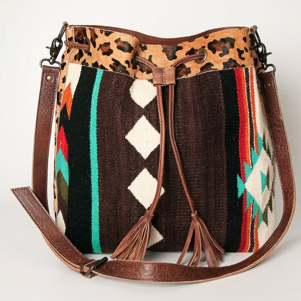 ADBG574 American Darling Southwestern Wool Bucket Bag Drawstring Tote with Leather Strap