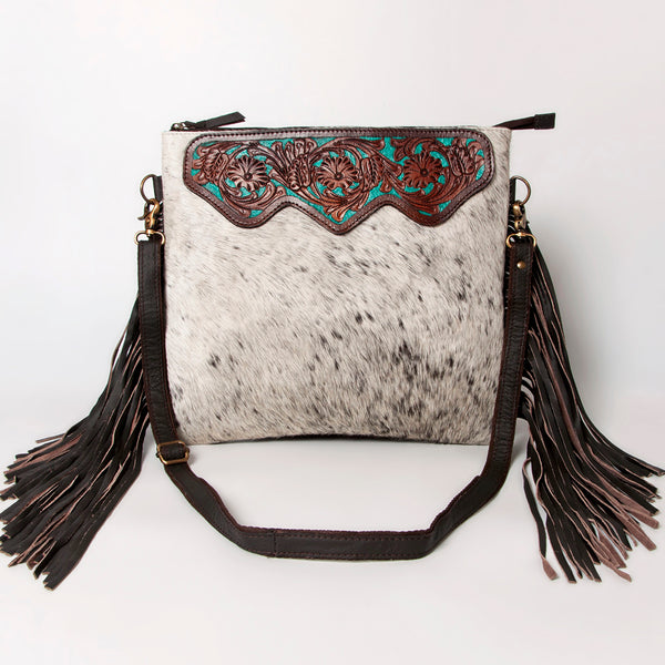 KBA115 CROSS BODY Hand Tooled Saddle Leather and Upcycled Canvas Ladies Bag 14.5x15.5 KBA