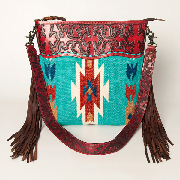 ADBG510 Tooled Leather & Saddle Blanket Crossbody Bag Western Fringe Purse by American Darling