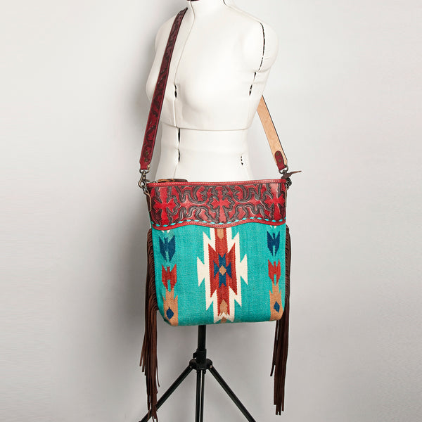 ADBG510 Tooled Leather & Saddle Blanket Crossbody Bag Western Fringe Purse by American Darling