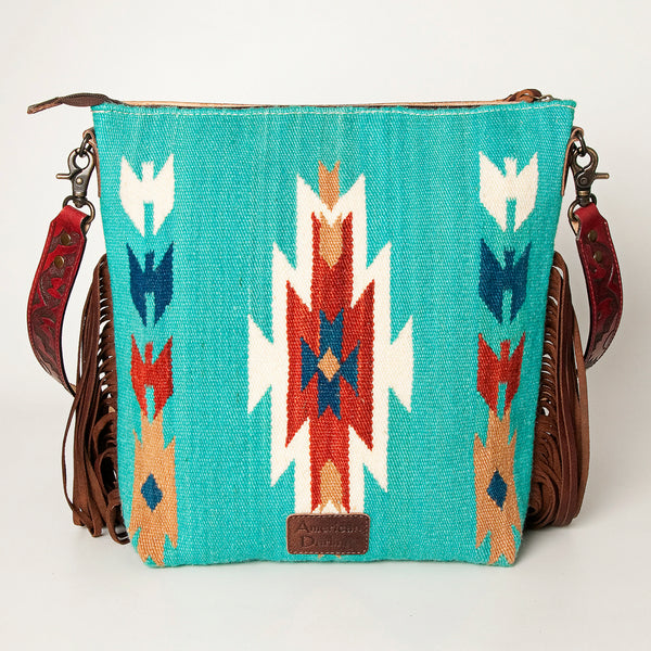 ADBG510 Tooled Leather & Saddle Blanket Crossbody Bag Western Fringe Purse by American Darling