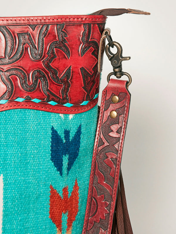 ADBG510 Tooled Leather & Saddle Blanket Crossbody Bag Western Fringe Purse by American Darling