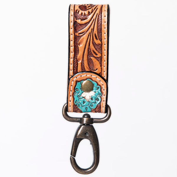 ADKR210 Hand-Tooled Leather Loop Keyring - Floral Design with Swivel Clasp