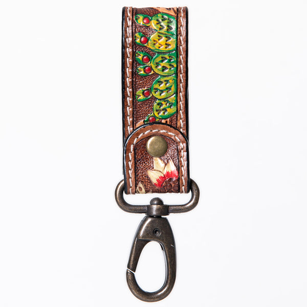 ADKR210 Hand-Tooled Leather Loop Keyring - Floral Design with Swivel Clasp