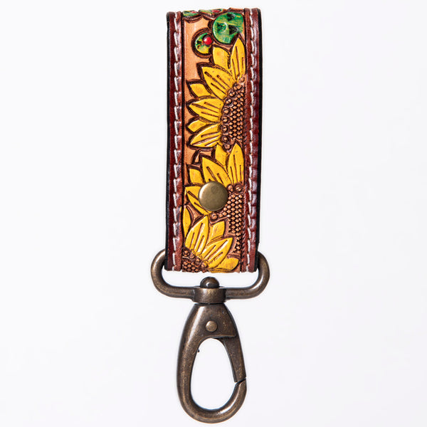 ADKR210 Hand-Tooled Leather Loop Keyring - Floral Design with Swivel Clasp