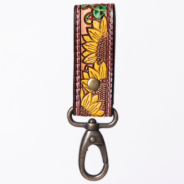 ADKR210 Hand-Tooled Leather Loop Keyring - Floral Design with Swivel Clasp