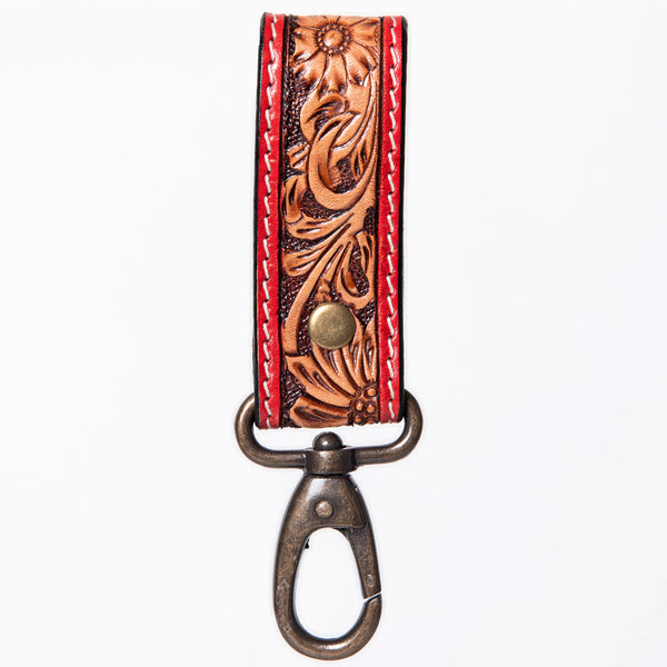 ADKR210 Hand-Tooled Leather Loop Keyring - Floral Design with Swivel Clasp