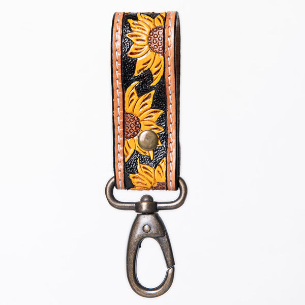 ADKR210 Hand-Tooled Leather Loop Keyring - Floral Design with Swivel Clasp