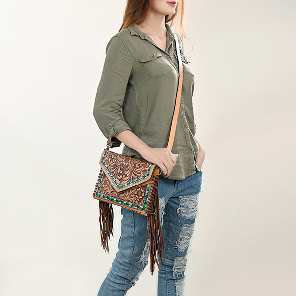 ADBGF105 American Darling Western Leather Envelope - Hand Tooled Floral Carved Purse with Fringes