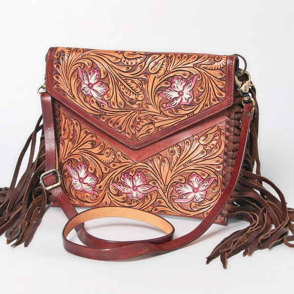 ADBGF105 American Darling Western Leather Envelope - Hand Tooled Floral Carved Purse with Fringes