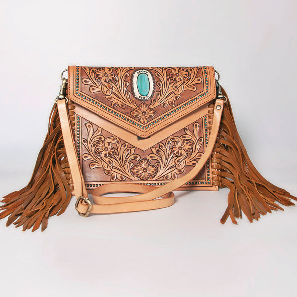ADBGF105 American Darling Western Leather Envelope - Hand Tooled Floral Carved Purse with Fringes