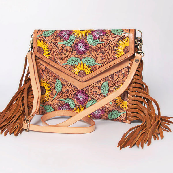 ADBGF105 American Darling Western Leather Envelope - Hand Tooled Floral Carved Purse with Fringes