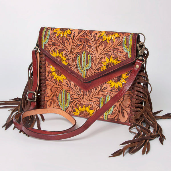 ADBGF105 American Darling Western Leather Envelope - Hand Tooled Floral Carved Purse with Fringes