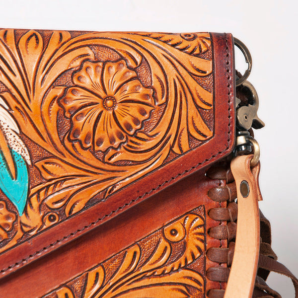 ADBGF105 American Darling Western Leather Envelope - Hand Tooled Floral Carved Purse with Fringes