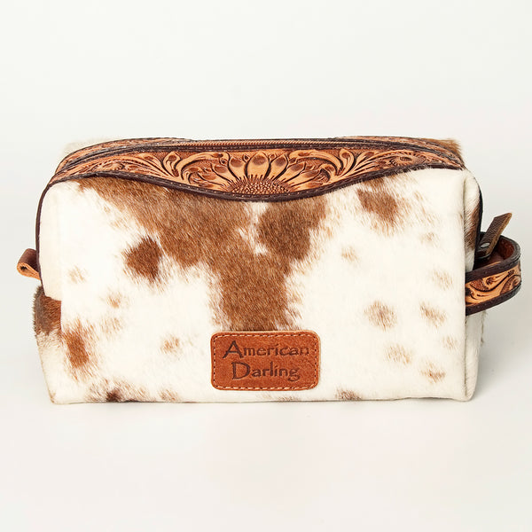 ADBG994 American Darling Hand Tooled Floral Leather Toiletry Bag with Hair-On Cowhide