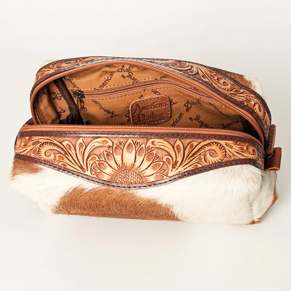 ADBG994 American Darling Hand Tooled Floral Leather Toiletry Bag with Hair-On Cowhide