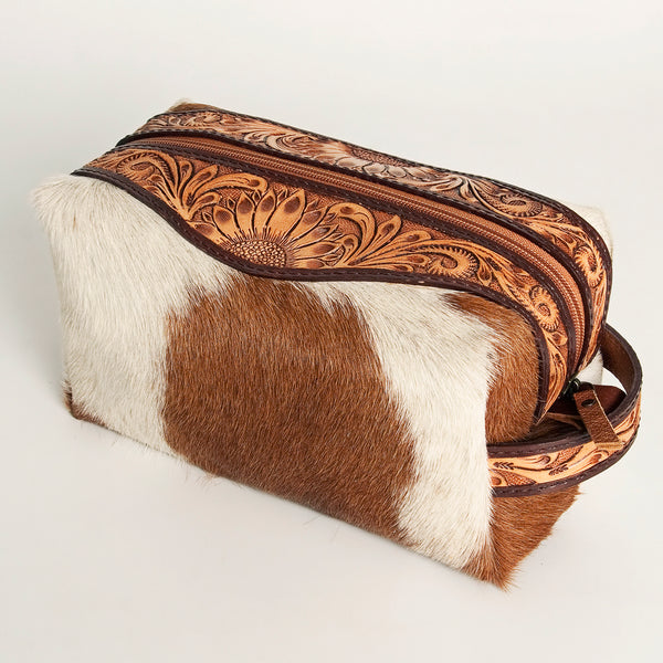 ADBG994 American Darling Hand Tooled Floral Leather Toiletry Bag with Hair-On Cowhide