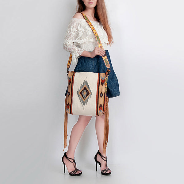 ADBG905 Southwestern Wool Blanket & Tooled Leather Strap Crossbody Bag by American Darling