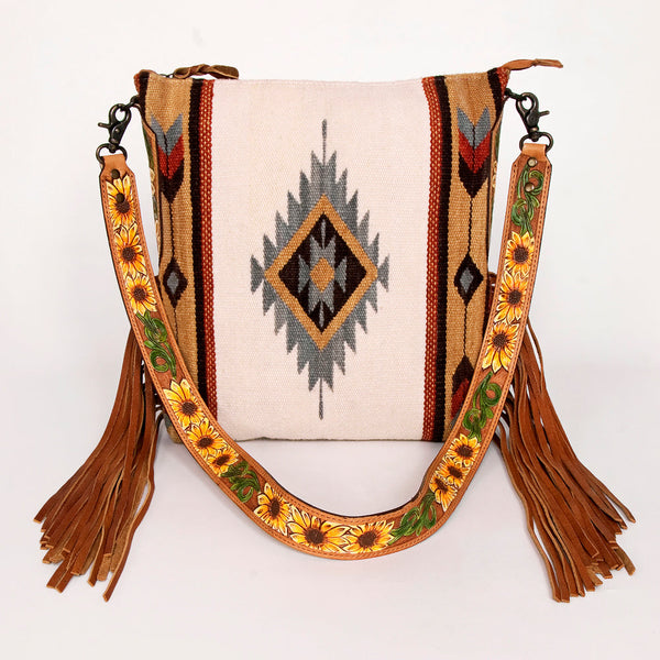 ADBG905 Southwestern Wool Blanket & Tooled Leather Strap Crossbody Bag by American Darling