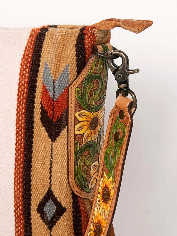 ADBG905 Southwestern Wool Blanket & Tooled Leather Strap Crossbody Bag by American Darling