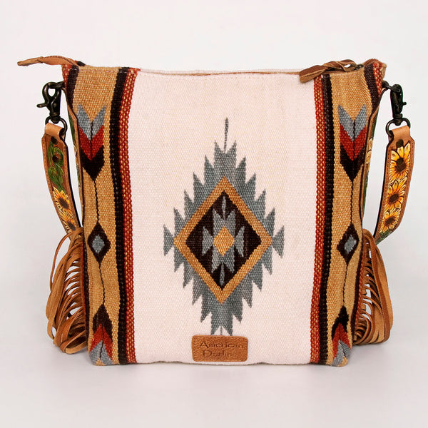 ADBG905 Southwestern Wool Blanket & Tooled Leather Strap Crossbody Bag by American Darling