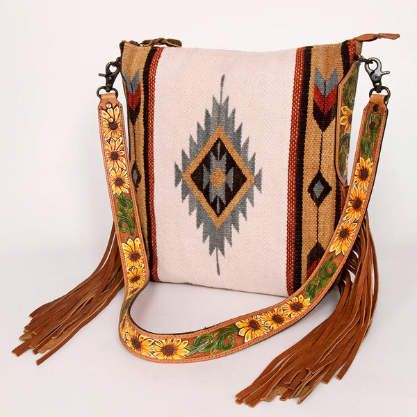 ADBG905 Southwestern Wool Blanket & Tooled Leather Strap Crossbody Bag by American Darling