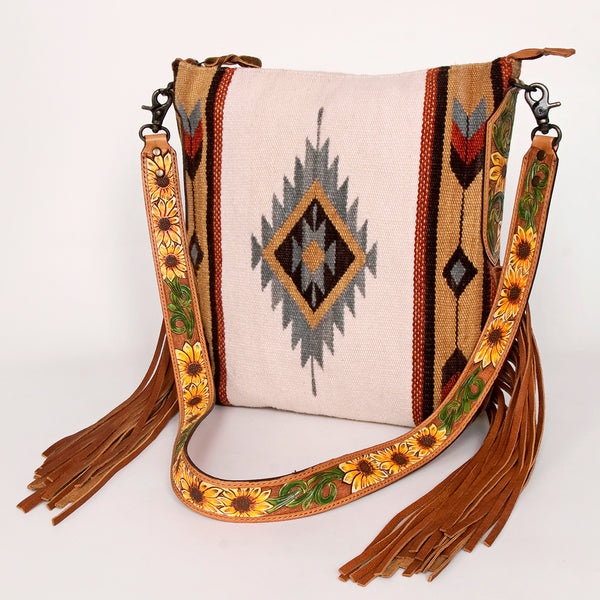 ADBG905 Southwestern Wool Blanket & Tooled Leather Strap Crossbody Bag by American Darling