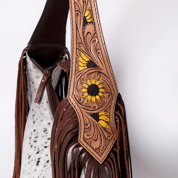 ADBGA299 American Darling Hair-On Cowhide & Fringed Hand Tooled Leather Hobo Bag