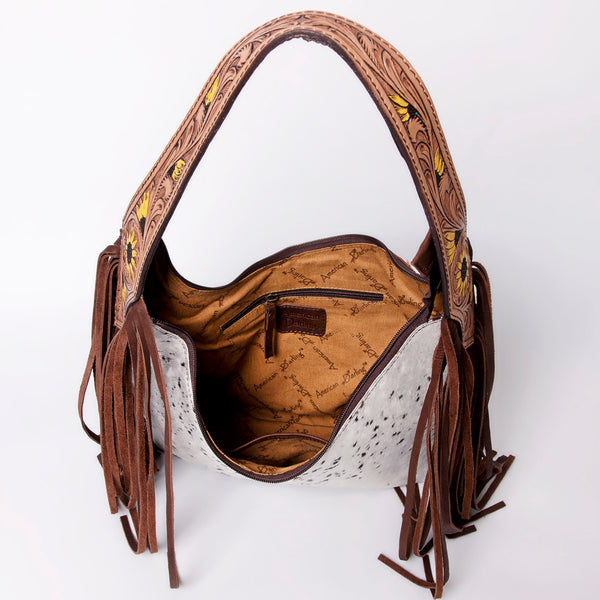 ADBGA299 American Darling Hair-On Cowhide & Fringed Hand Tooled Leather Hobo Bag