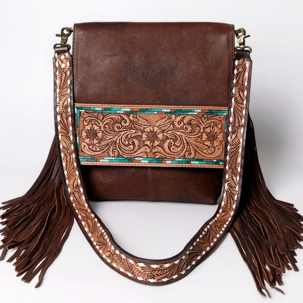 ADBGA161 American Darling Tooled Leather Messenger Bag Brown Fringe Western Shoulder Purse