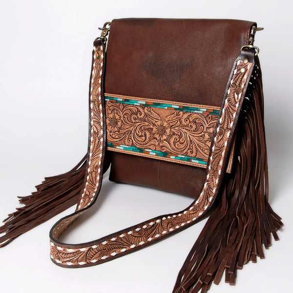 ADBGA161 American Darling Tooled Leather Messenger Bag Brown Fringe Western Shoulder Purse