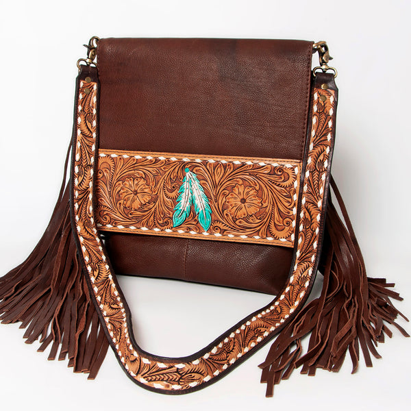 ADBGA161 American Darling Tooled Leather Messenger Bag Brown Fringe Western Shoulder Purse