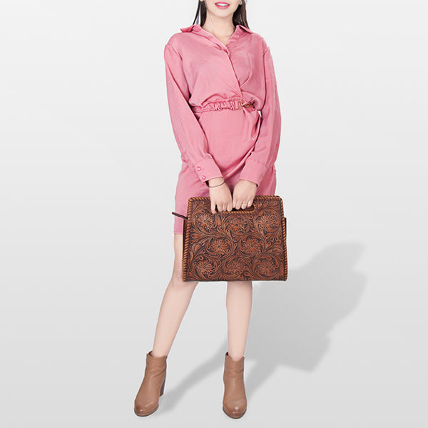 LC-ADBGZ661 Hand-Tooled Leather Floral Clutch with Cut-Out Handle - Western Cowgirl Purse