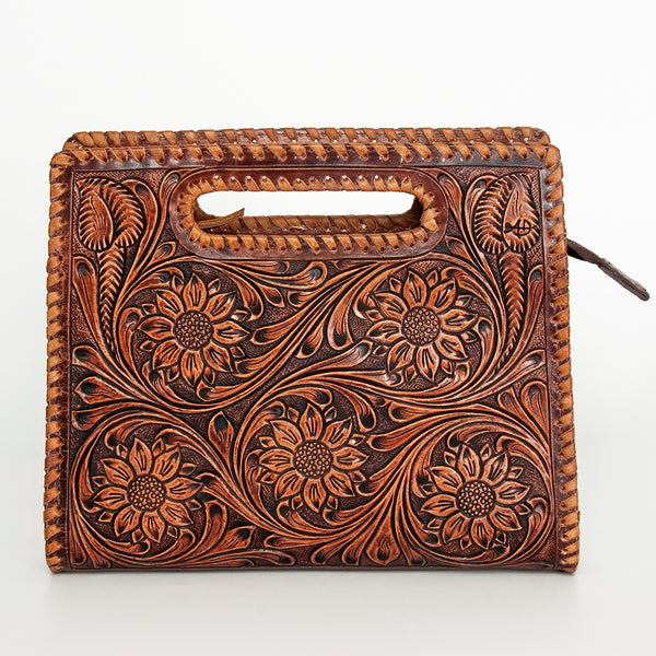 LC-ADBGZ661 Hand-Tooled Leather Floral Clutch with Cut-Out Handle - Western Cowgirl Purse