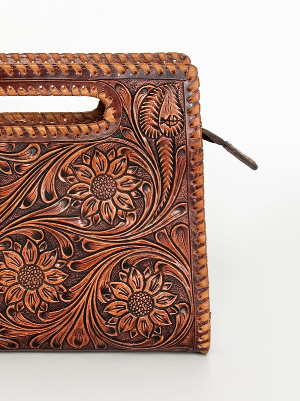 LC-ADBGZ661 Hand-Tooled Leather Floral Clutch with Cut-Out Handle - Western Cowgirl Purse