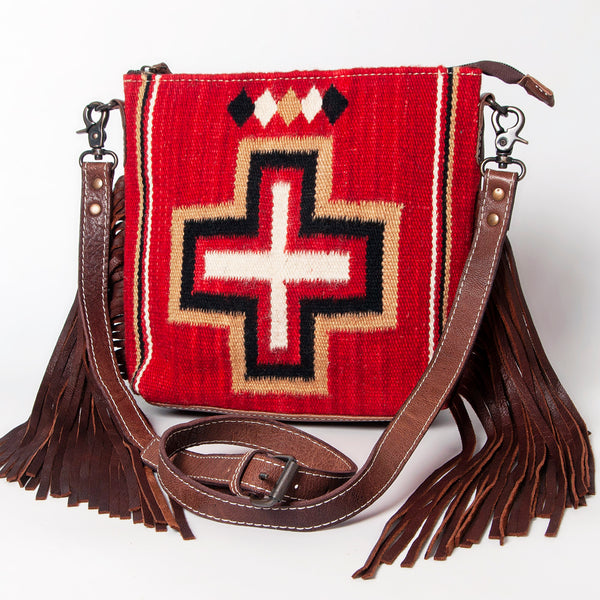 ADBG1007 American Darling Handwoven Saddle Blanket Fringe Crossbody Bag Genuine Leather