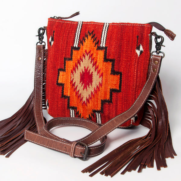 ADBG1007 American Darling Handwoven Saddle Blanket Fringe Crossbody Bag Genuine Leather