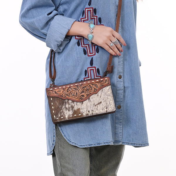 ADBG1027 American Darling Hair-On Cowhide & Tooled Leather Small Crossbody Bag Western Style