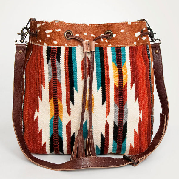 ADBG574 American Darling Southwestern Wool Bucket Bag Drawstring Tote with Leather Strap