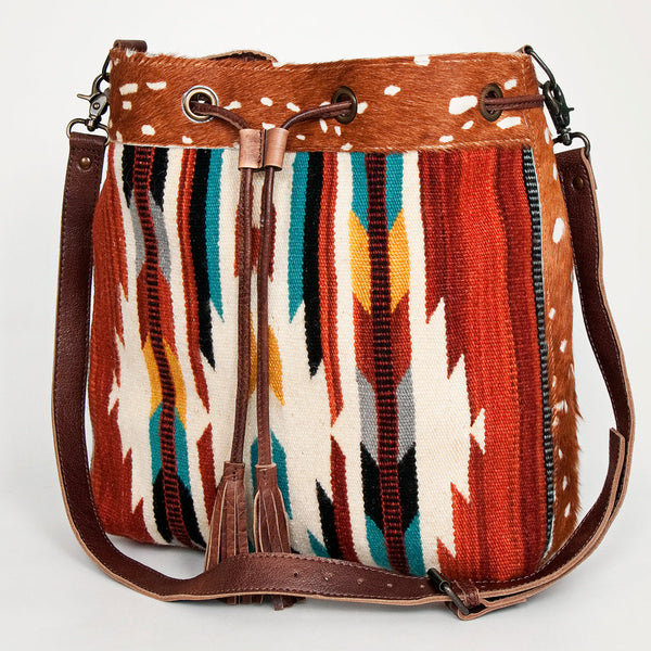 ADBG574 American Darling Southwestern Wool Bucket Bag Drawstring Tote with Leather Strap
