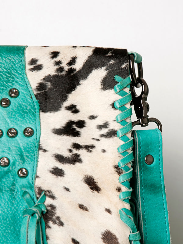 ADBGM253 Cowhide Leather Fringe Messenger Bag - Turquoise Concho & Studded Western Messenger