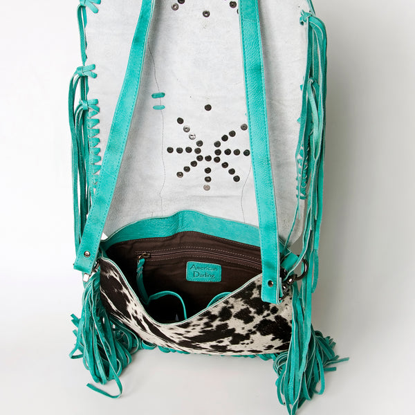 ADBGM253 Cowhide Leather Fringe Messenger Bag - Turquoise Concho & Studded Western Messenger