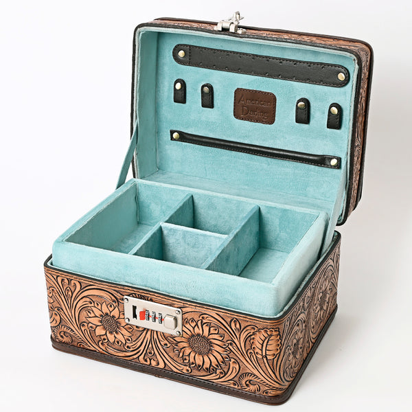 ADBGA321 American Darling Hand-Tooled Leather Locking Jewelry Case Western Floral Organizer Box