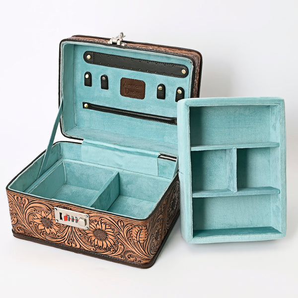 ADBGA321 American Darling Hand-Tooled Leather Locking Jewelry Case Western Floral Organizer Box