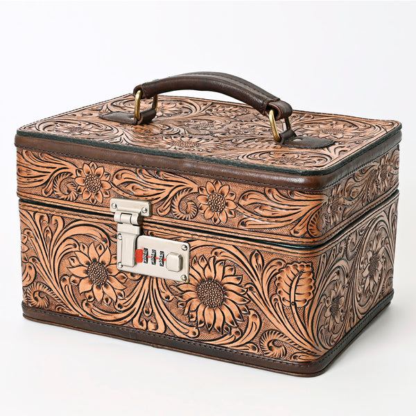 ADBGA321 American Darling Hand-Tooled Leather Locking Jewelry Case Western Floral Organizer Box