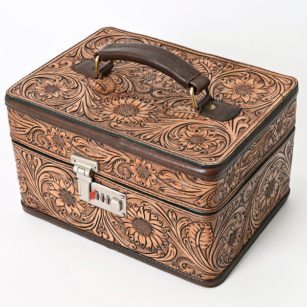ADBGA321 American Darling Hand-Tooled Leather Locking Jewelry Case Western Floral Organizer Box