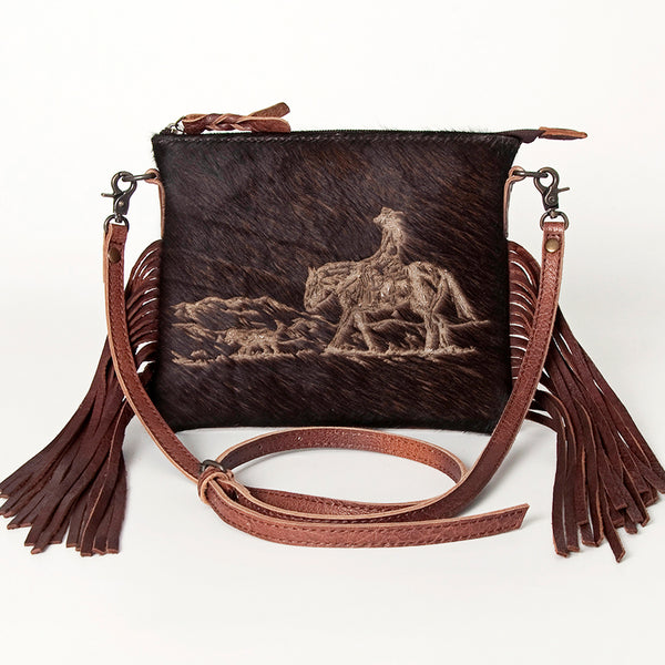 ADBG109 American Darling Hair-on Cowhide Western Leather Small Crossbody Bag with Fringe